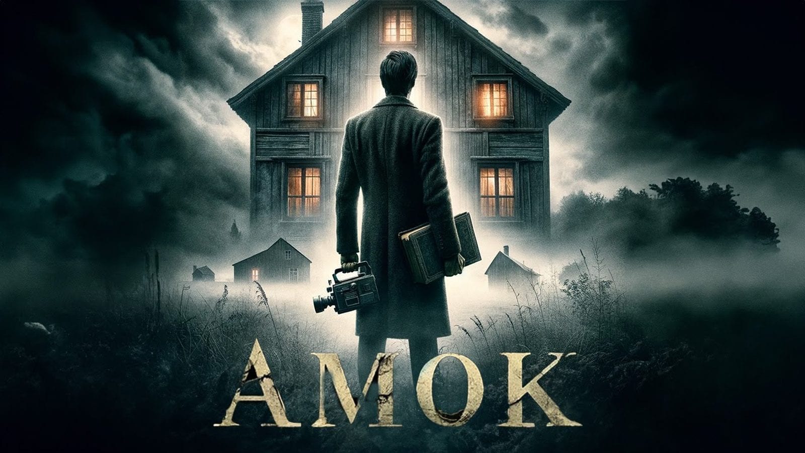 Affiche du film : une silhouette en manteau long, de dos, face à une maison de bois isolée aux fenêtres éclairées, dans la brume et un ciel d’orage. Titre AMOK.
