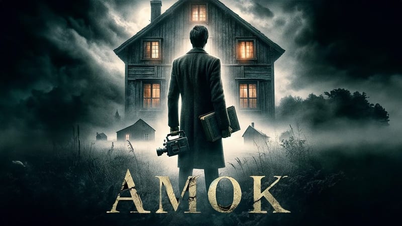 Affiche du film : une silhouette en manteau long, de dos, face à une maison de bois isolée aux fenêtres éclairées, dans la brume et un ciel d’orage. Titre AMOK.